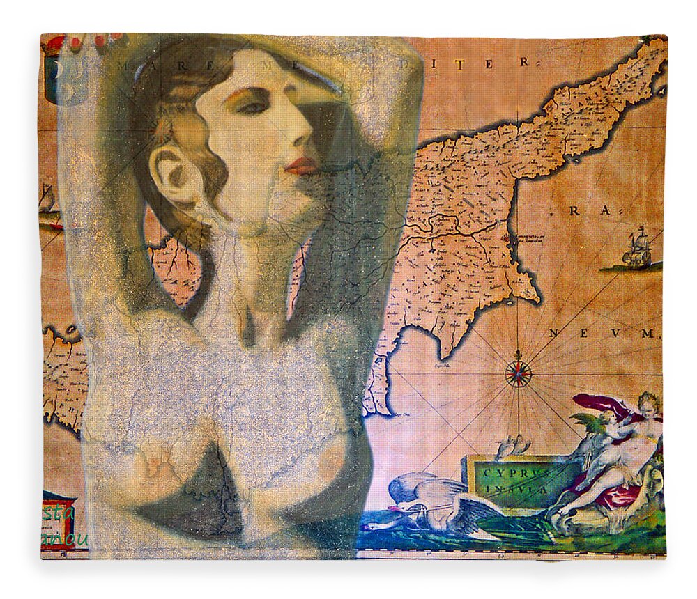 Augusta Stylianou Fleece Blanket featuring the digital art Ancient Cyprus Map and Aphrodite by Augusta Stylianou