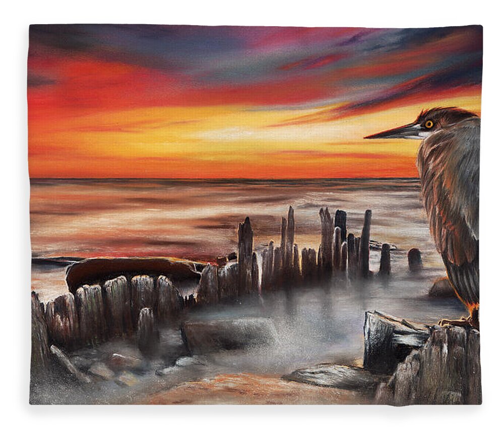 Heron Fleece Blanket featuring the pastel Another Bloody Sunset by Peter Williams