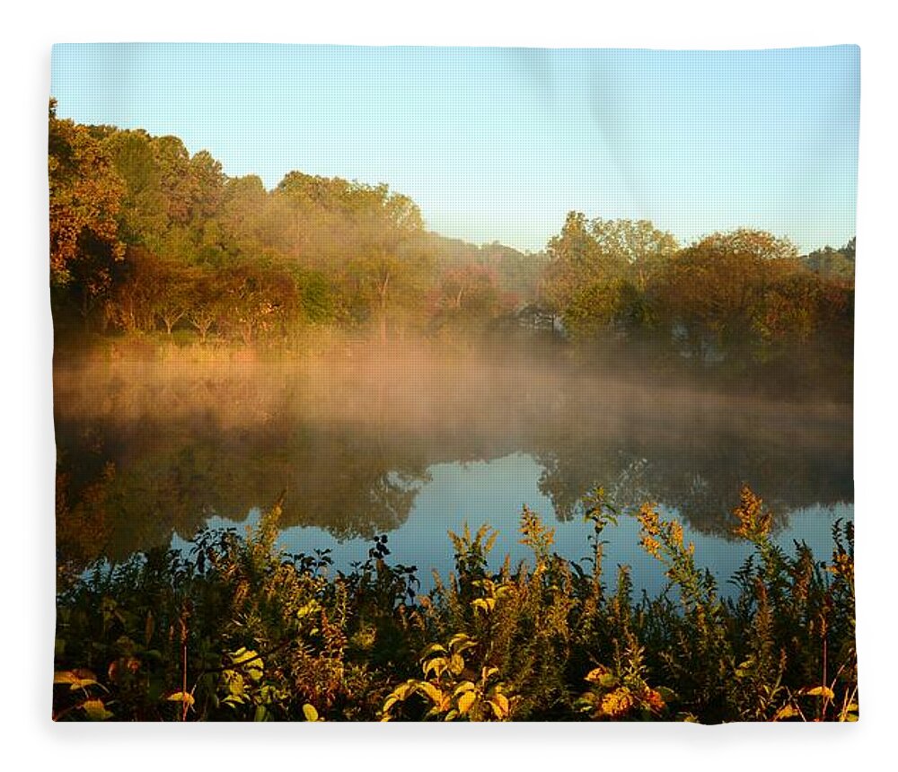 Autumn Fleece Blanket featuring the photograph As The Sun And Mist Rise The Day Begins by Angie Tirado