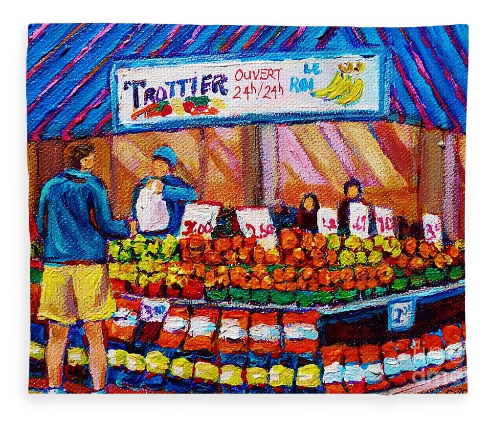 Montreal Fleece Blanket featuring the painting At The Fruit Market Marche Jean Talon Montreal Urban Scenes Carole Spandau by Carole Spandau