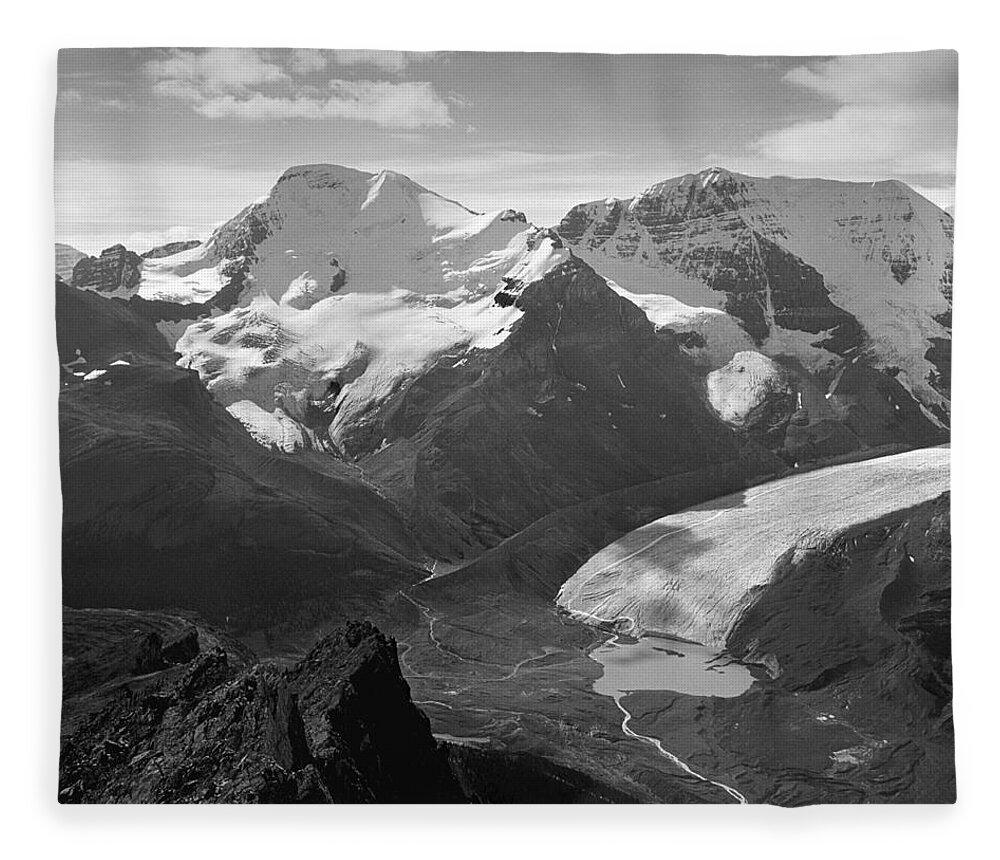 Athabasca Glacier Fleece Blanket featuring the photograph T-303504-BW-Athabasca Glacier in 1957 by Ed Cooper Photography