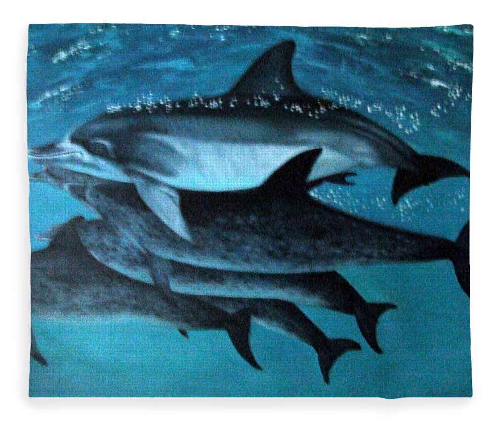 Blue Fleece Blanket featuring the painting Atlantic Dolphins by Mackenzie Moulton