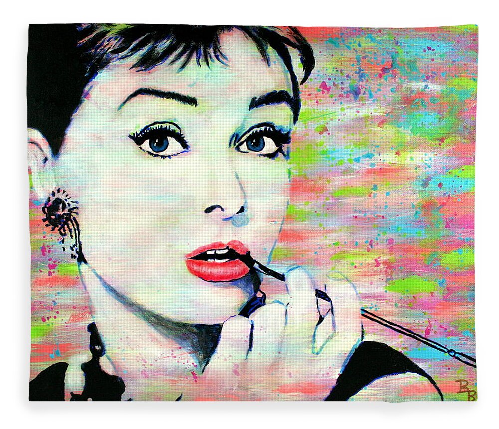 Audrey Hepburn Fleece Blanket featuring the painting Audrey Hepburn Art Breakfast at Tiffany's by Bob Baker