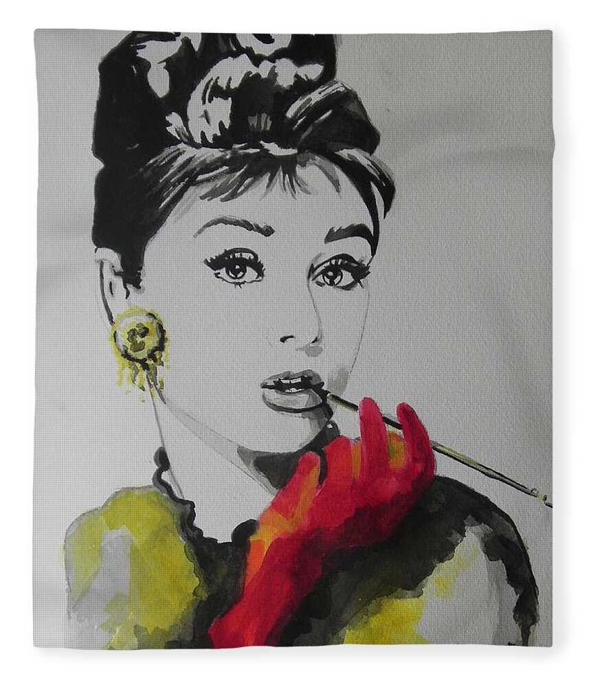 Watercolor Painting Fleece Blanket featuring the painting Audrey Hepburn by Chrisann Ellis