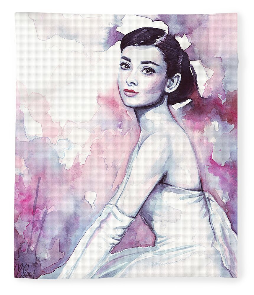 Fashion Watercolor Fleece Blanket featuring the painting Audrey Hepburn Portrait by Olga Shvartsur