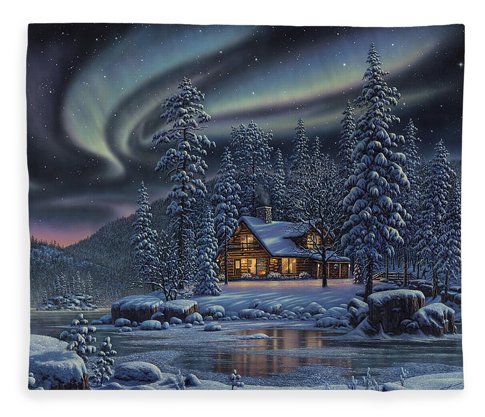 Winter Fleece Blanket featuring the painting Aurora Bliss by Kim Norlien