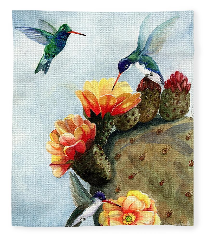 Hummingbirds Fleece Blanket featuring the painting Baby Makes Three by Marilyn Smith