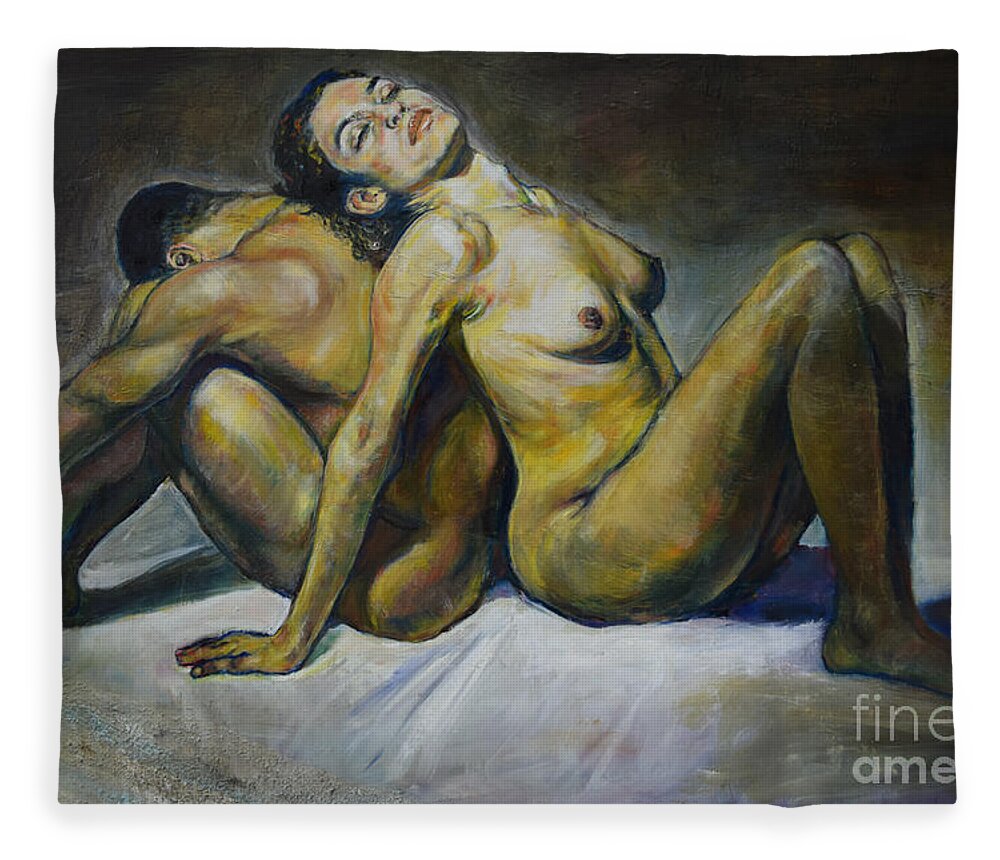 Raija Merila Fleece Blanket featuring the painting Back to Back by Raija Merila