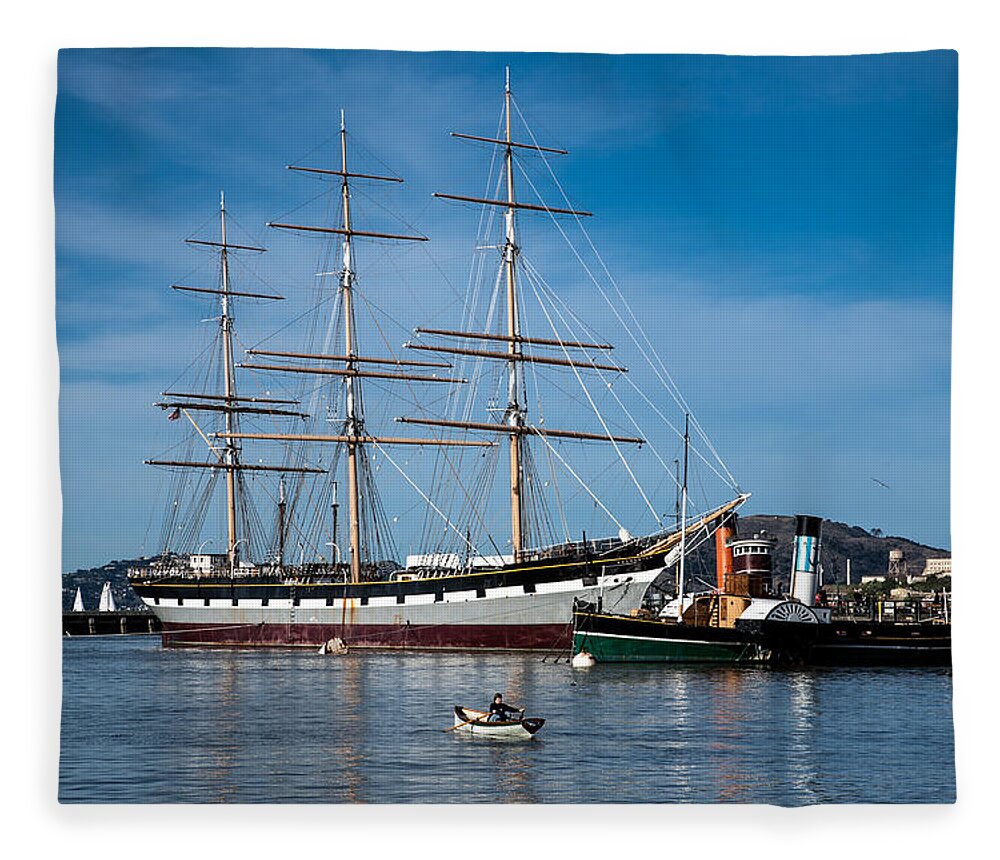 Tall Ship Fleece Blanket featuring the photograph Rowing past Balclutha and Steamship Eppleton Hall by David Smith