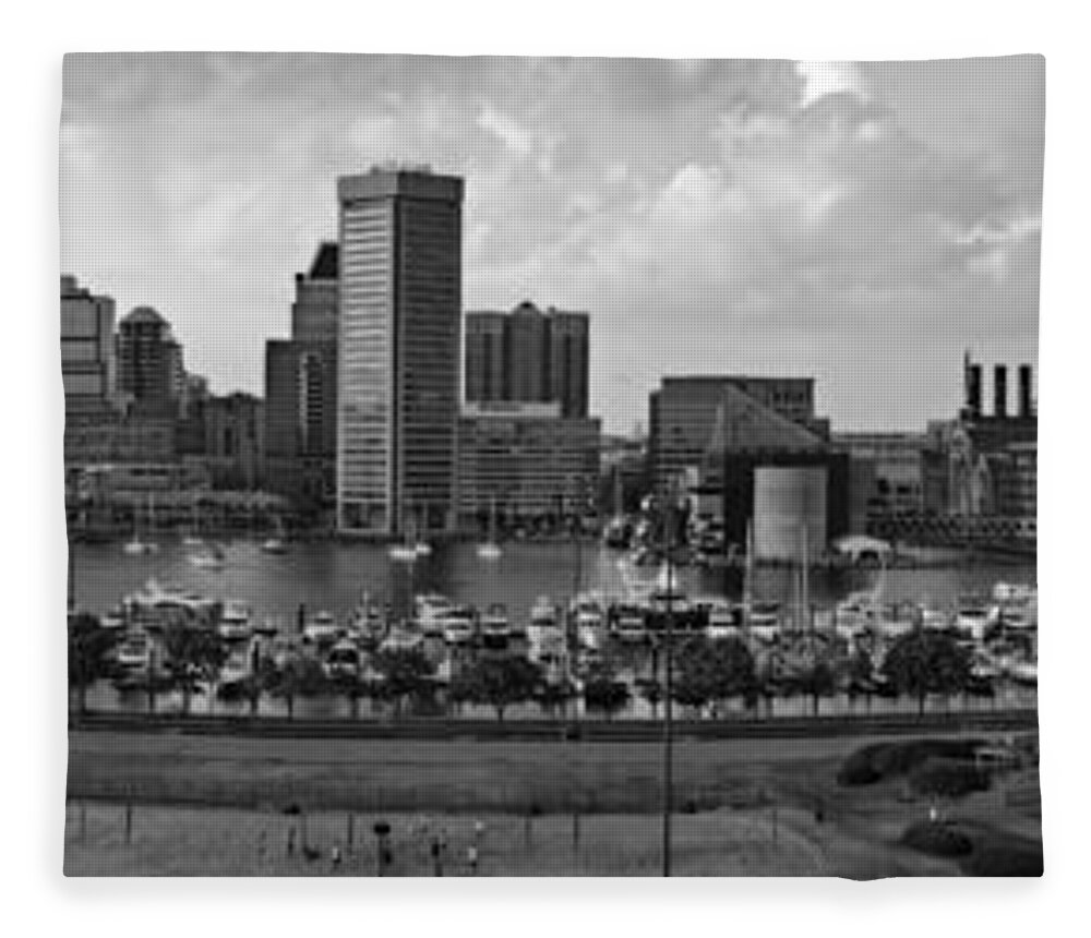 Baltimore Skyline Fleece Blanket featuring the photograph Baltimore Harbor Skyline Panorama BW by Susan Candelario