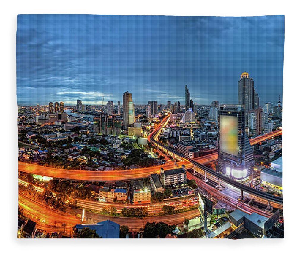 Panoramic Fleece Blanket featuring the photograph Bangkok Panorama View by Thanat Rungrattanakajon