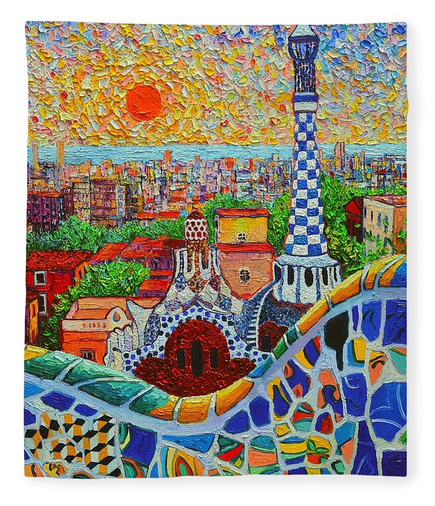 Barcelona Fleece Blanket featuring the painting Barcelona Sunrise - Guell Park - Gaudi Tower by Ana Maria Edulescu