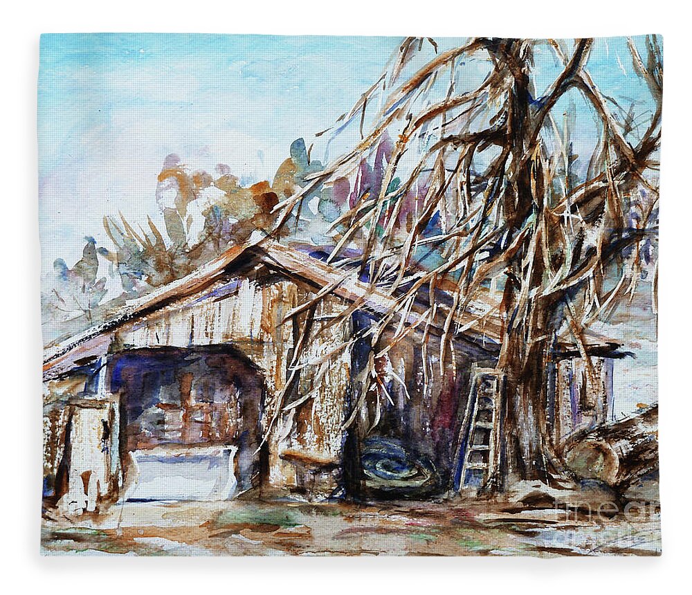 Barn Fleece Blanket featuring the painting Barn by the Tree by Xueling Zou