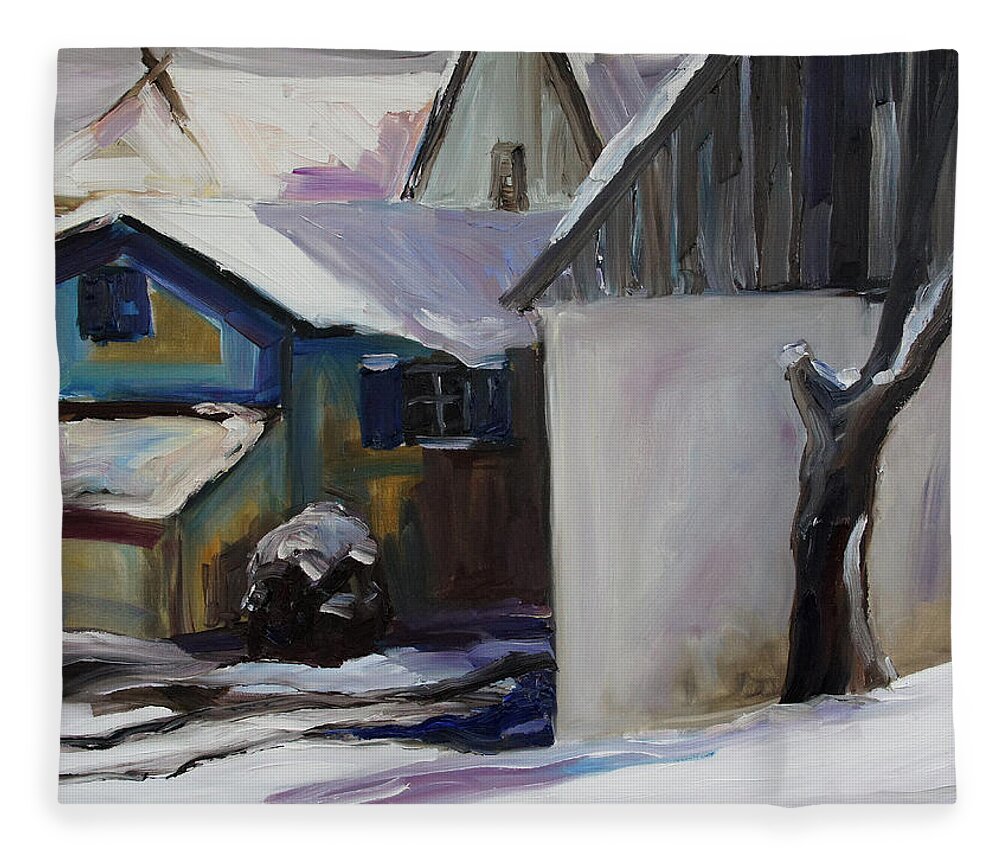Winter Fleece Blanket featuring the painting Barnstable With Blue Shutters In Winter by Barbara Pommerenke