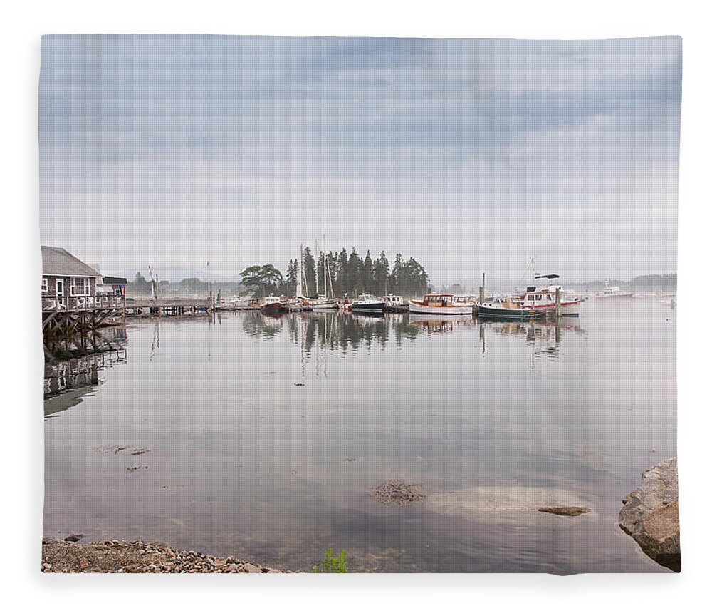 Bass Harbor Fleece Blanket featuring the photograph Bass Harbor in the Morning Fog by John M Bailey
