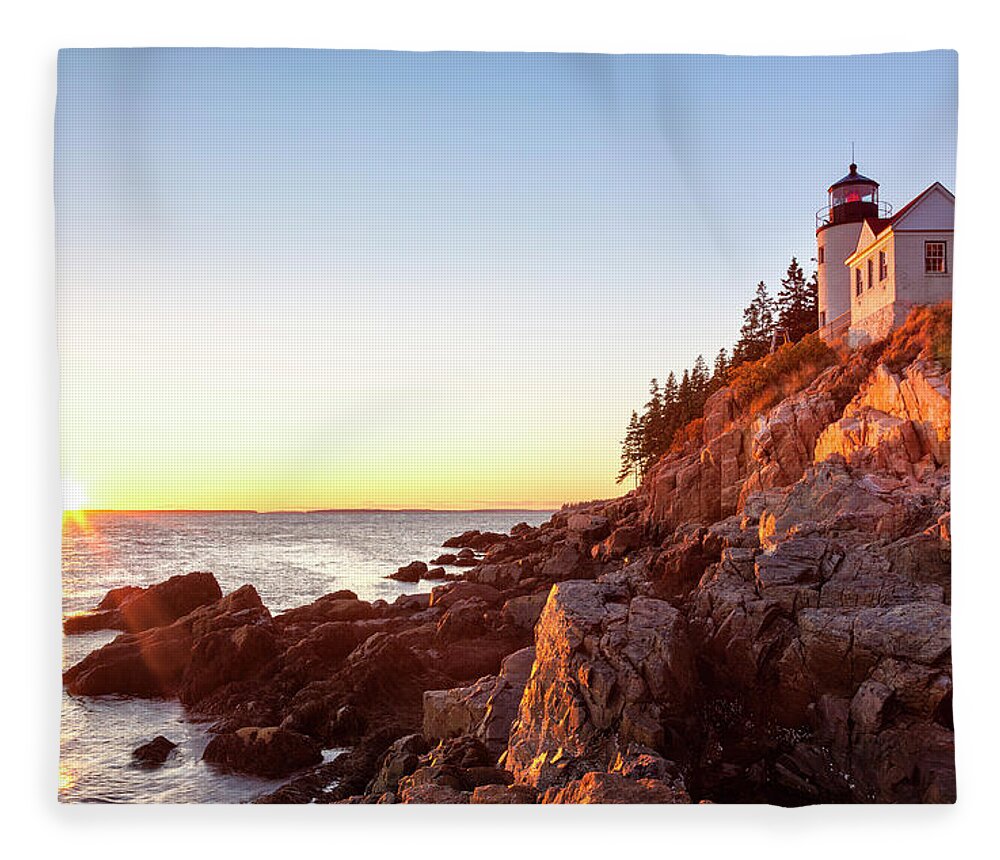 Seascape Fleece Blanket featuring the photograph Bass Harbor Lighthouse Sunset, Acadia by Picturelake