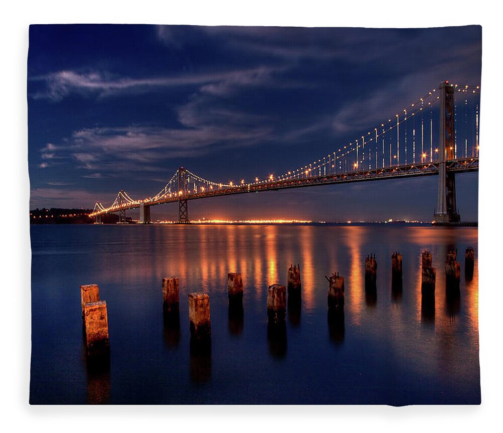 Wooden Post Fleece Blanket featuring the photograph Bay Bridge Blue Hour by Photo ©tan Yilmaz