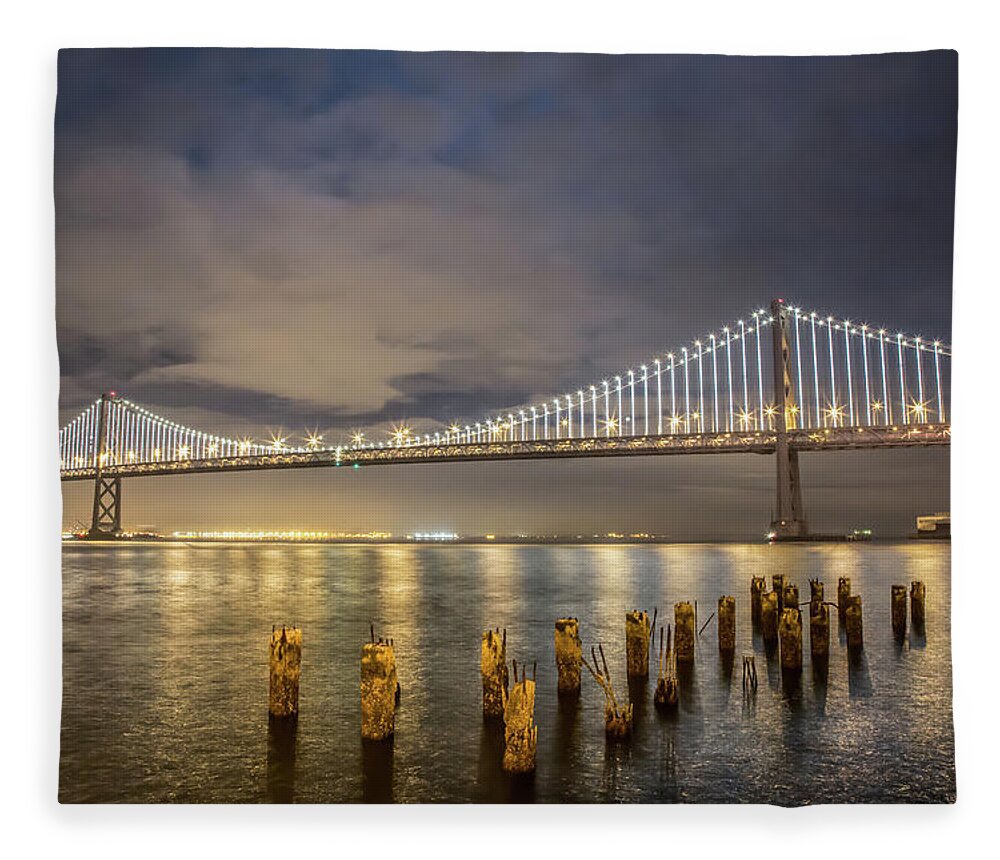 Tranquility Fleece Blanket featuring the photograph Bay Bridge Light Testing by Phil Mcgrew