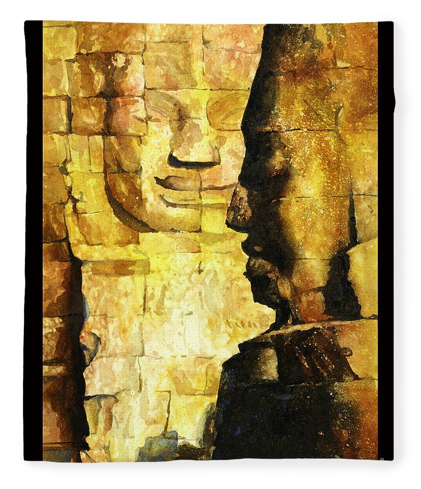 12th Century Architecture Fleece Blanket featuring the painting Bayon Khmer temple at Angkor Wat Cambodia by Ryan Fox