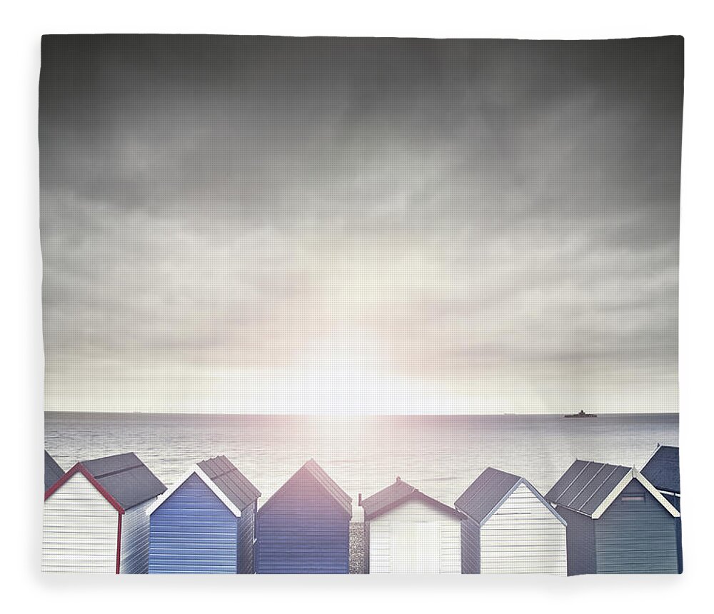Beach Hut Fleece Blanket featuring the photograph Beach Hut Sunset by Simonmasters