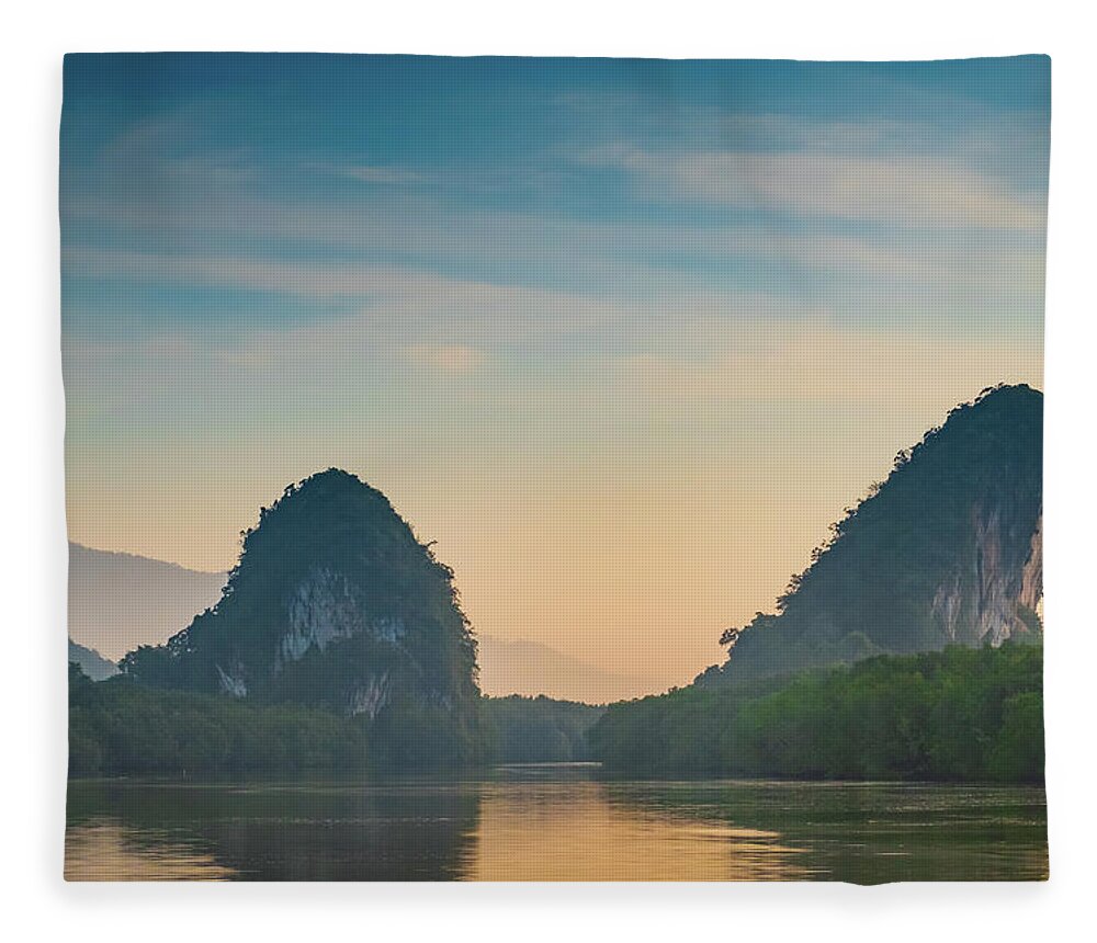 Tranquility Fleece Blanket featuring the photograph Beautiful Mountain Sunrise At Tropical by Dulyanut Swdp