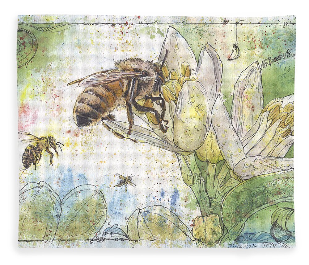 Bees Fleece Blanket featuring the painting Bees and Lemon Blossom by Petra Rau