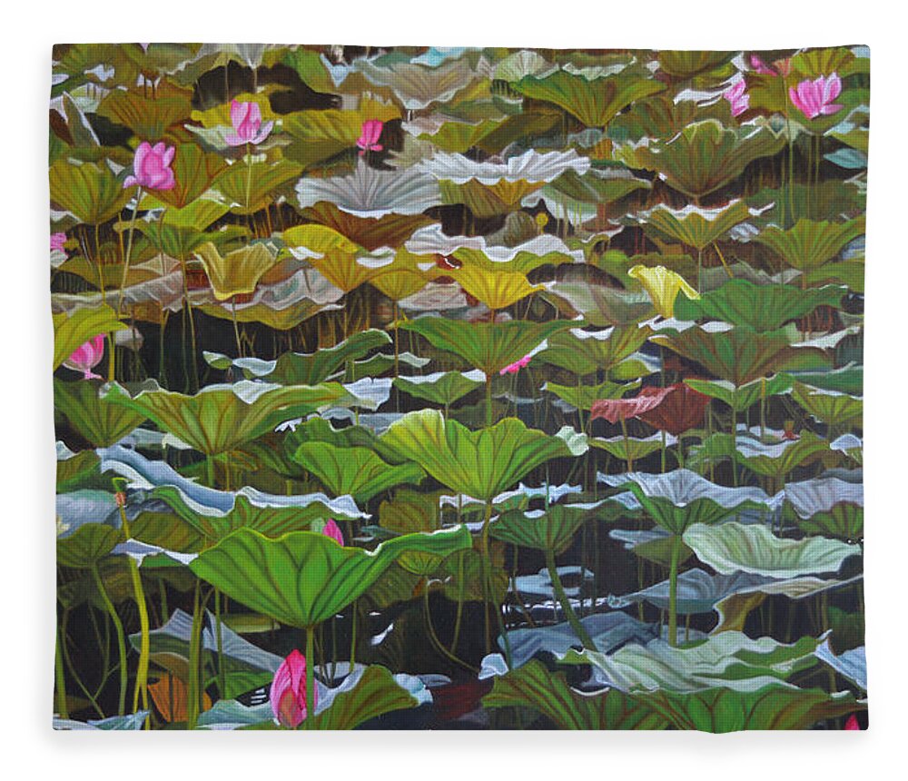 Waterlily Fleece Blanket featuring the painting Beijing in August by Thu Nguyen