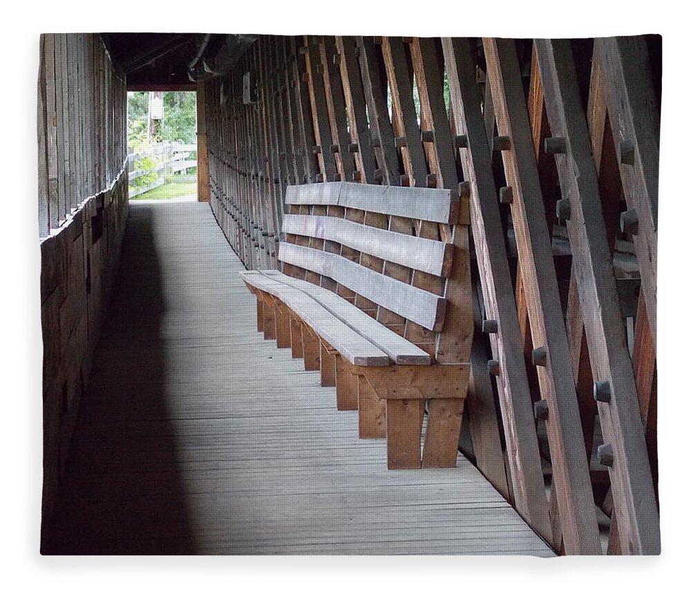 Covered Bridges Fleece Blanket featuring the photograph Bench Inside a Covered Bridge by Catherine Gagne