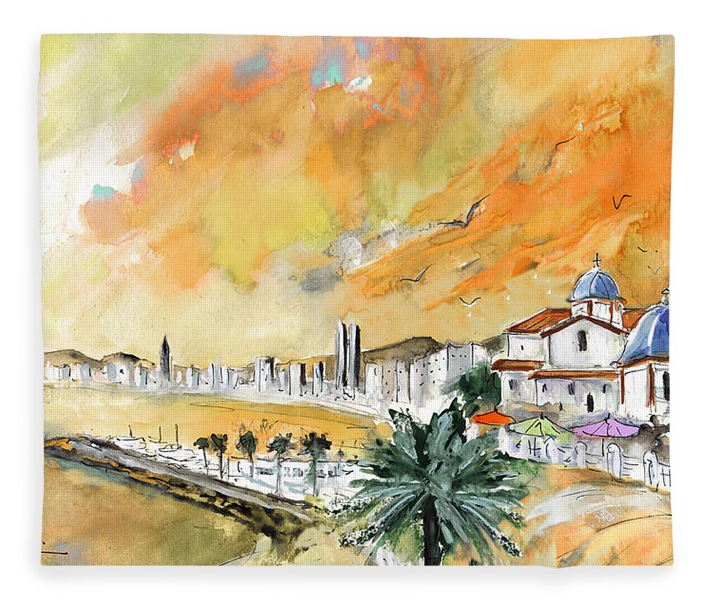 Travel Fleece Blanket featuring the painting Benidorm Old Town by Miki De Goodaboom