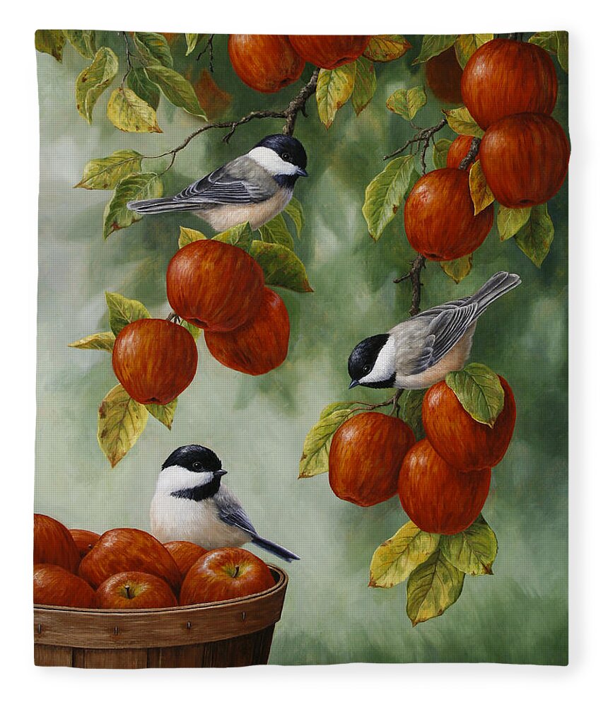 Birds Fleece Blanket featuring the painting Bird Painting - Apple Harvest Chickadees by Crista Forest