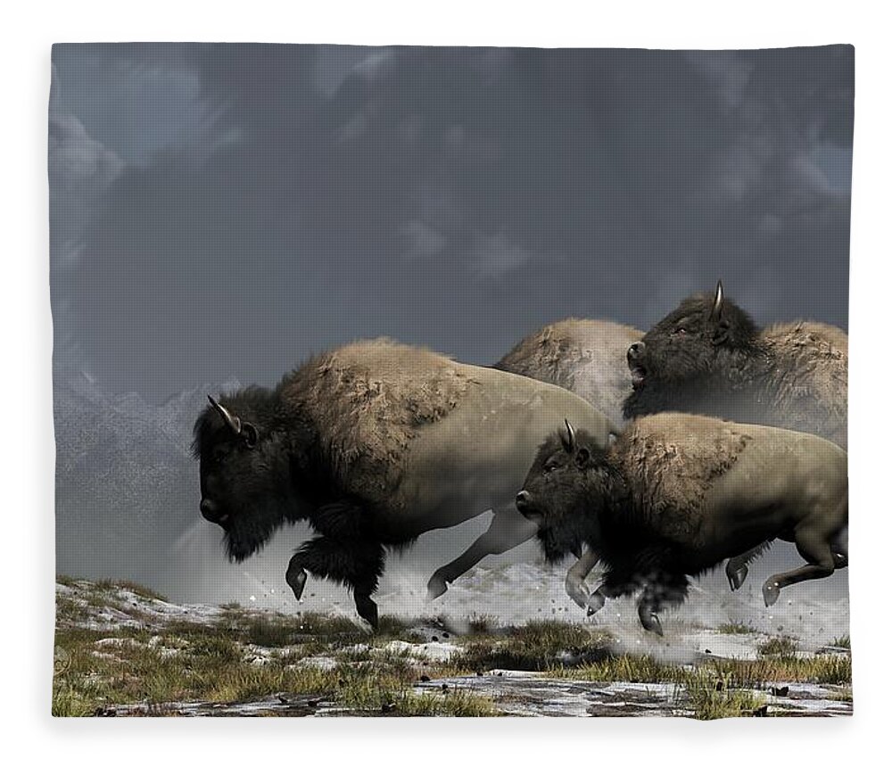 Bison Fleece Blanket featuring the digital art Bison Stampede by Daniel Eskridge