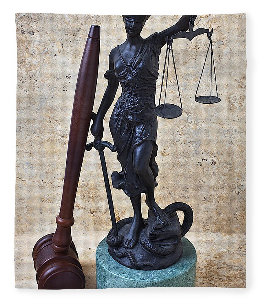 Blind Justice Statue Fleece Blanket featuring the photograph Blind justice statue with gavel by Garry Gay