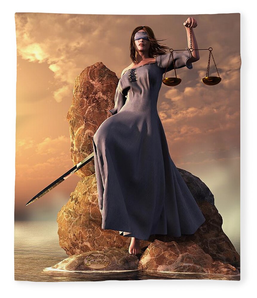 Justice Fleece Blanket featuring the digital art Blind Justice with Scales and Sword by Daniel Eskridge