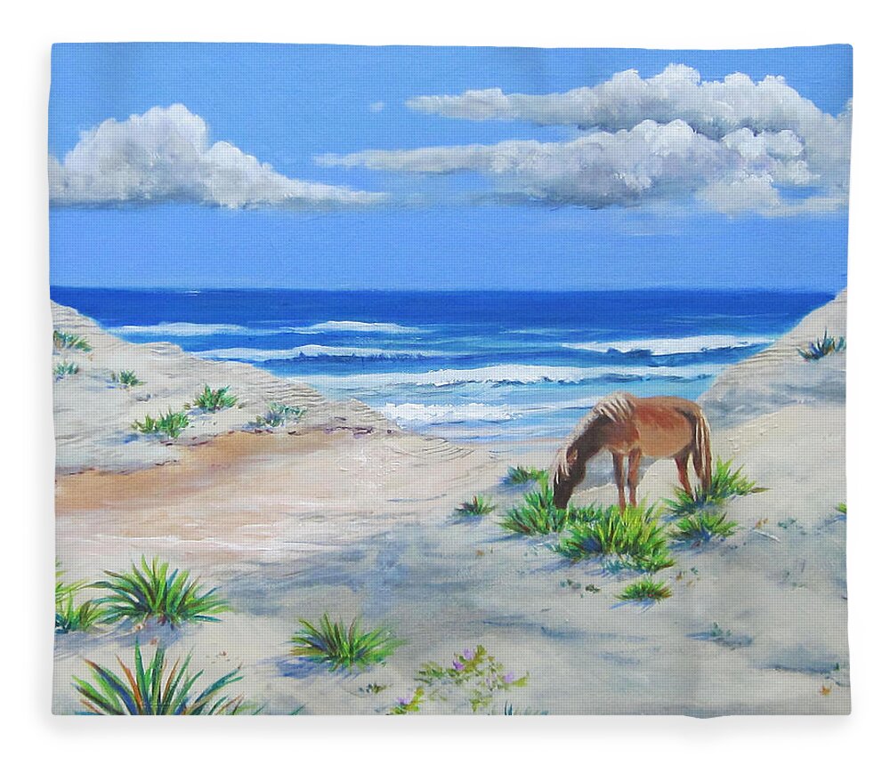 Horse Fleece Blanket featuring the painting Blonde On The Beach by Anne Marie Brown