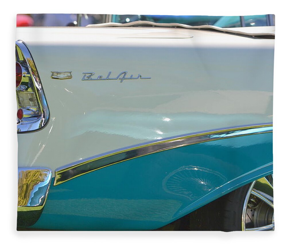 Car Fleece Blanket featuring the photograph Blue and White Bel Air Convertable by Dean Ferreira