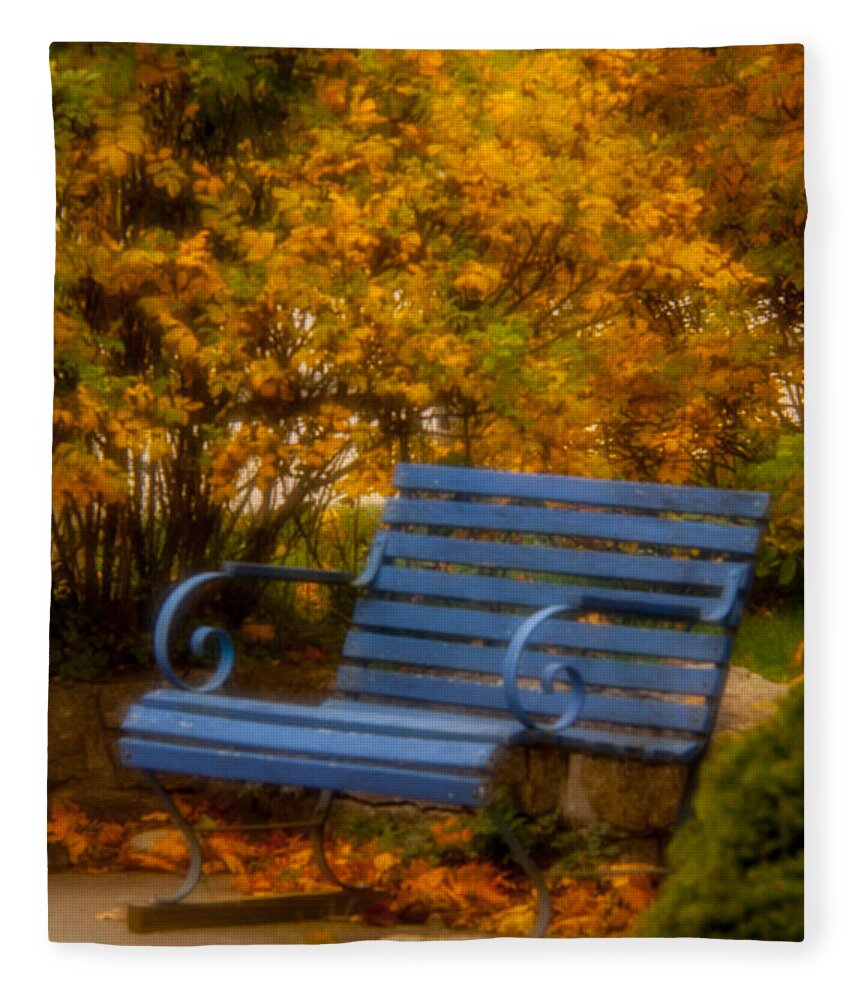 Bench Fleece Blanket featuring the photograph Blue Bench - Autumn - Deer Isle - Maine by David Smith