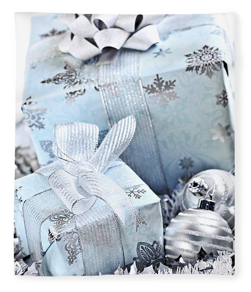 Gift Fleece Blanket featuring the photograph Blue Christmas gift boxes by Elena Elisseeva