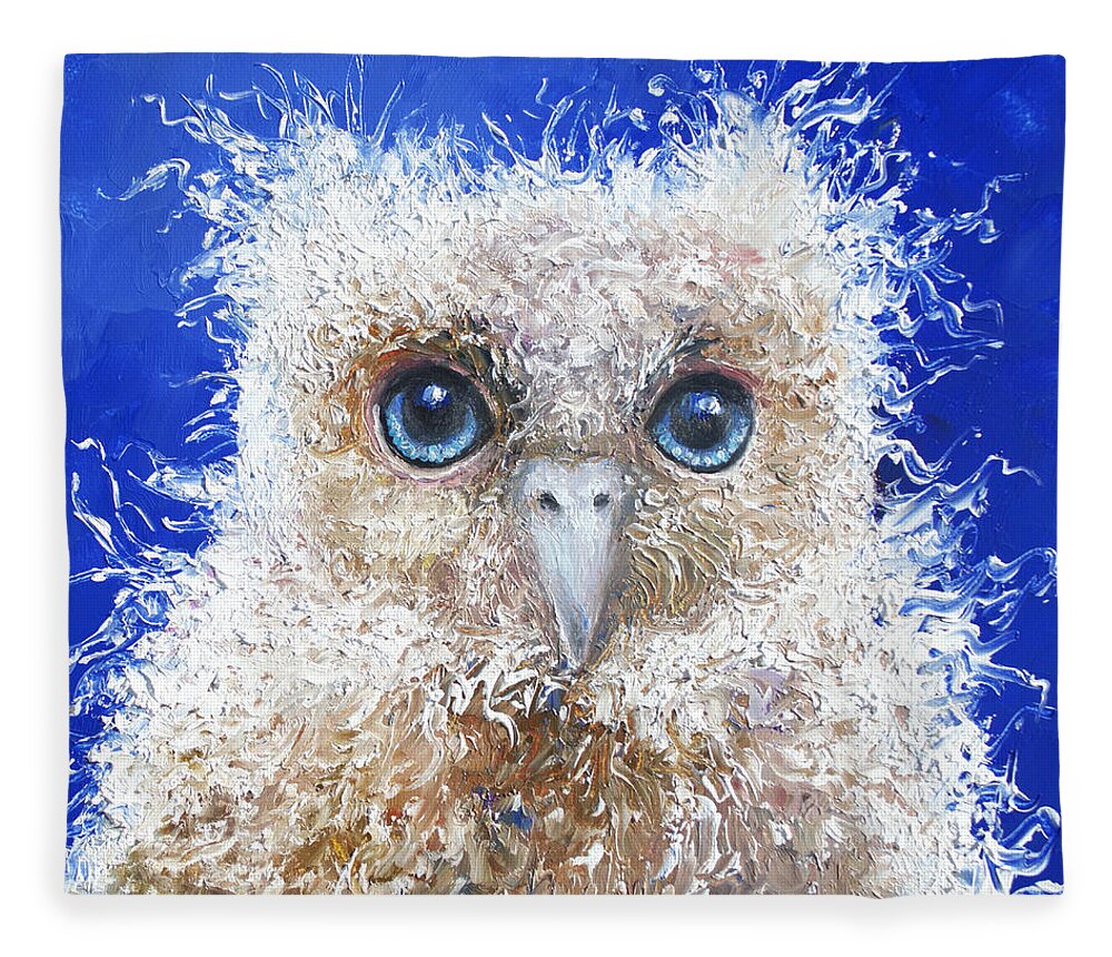 Owl Fleece Blanket featuring the painting Blue eyed owl painting by Jan Matson