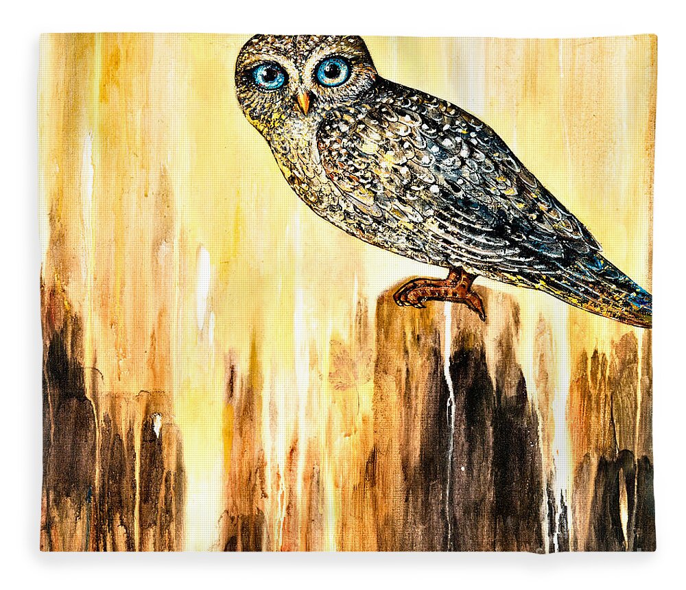 Owl Fleece Blanket featuring the painting Blue Eyed Owl by Shijun Munns