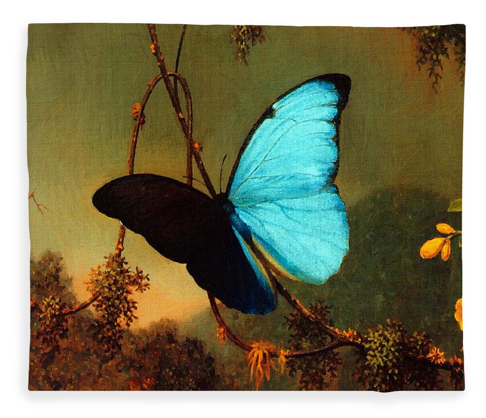 Martin Johnson Heade Fleece Blanket featuring the painting Blue Morpho Butterfly by Martin Johnson Heade