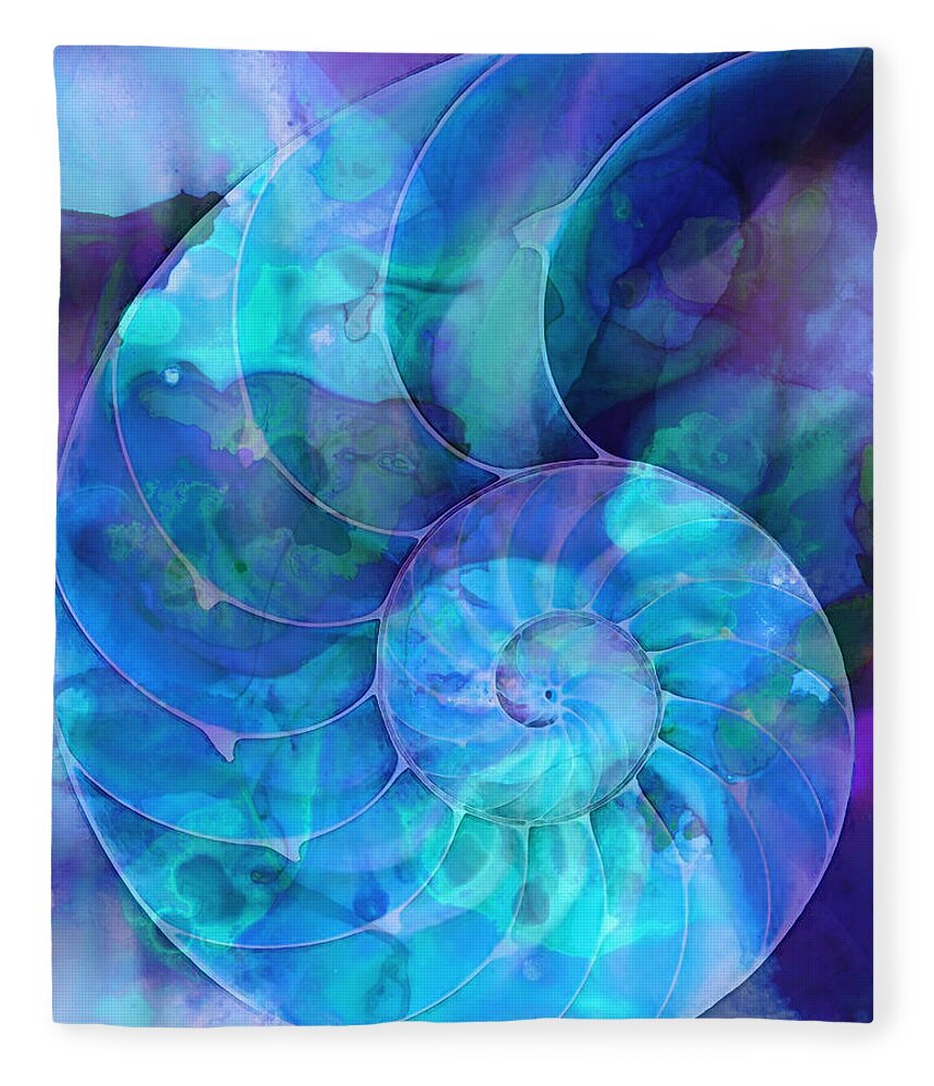 Blue Fleece Blanket featuring the painting Blue Nautilus Shell By Sharon Cummings by Sharon Cummings