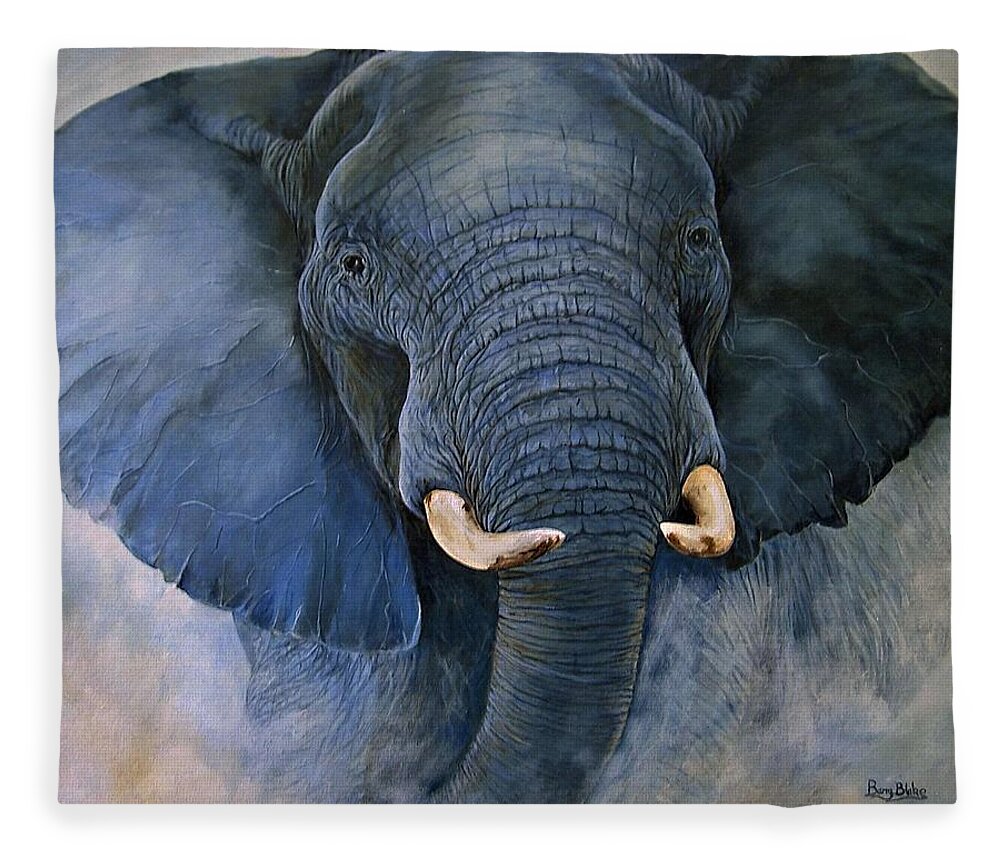 Elephants Fleece Blanket featuring the painting Blue Rage by Barry BLAKE