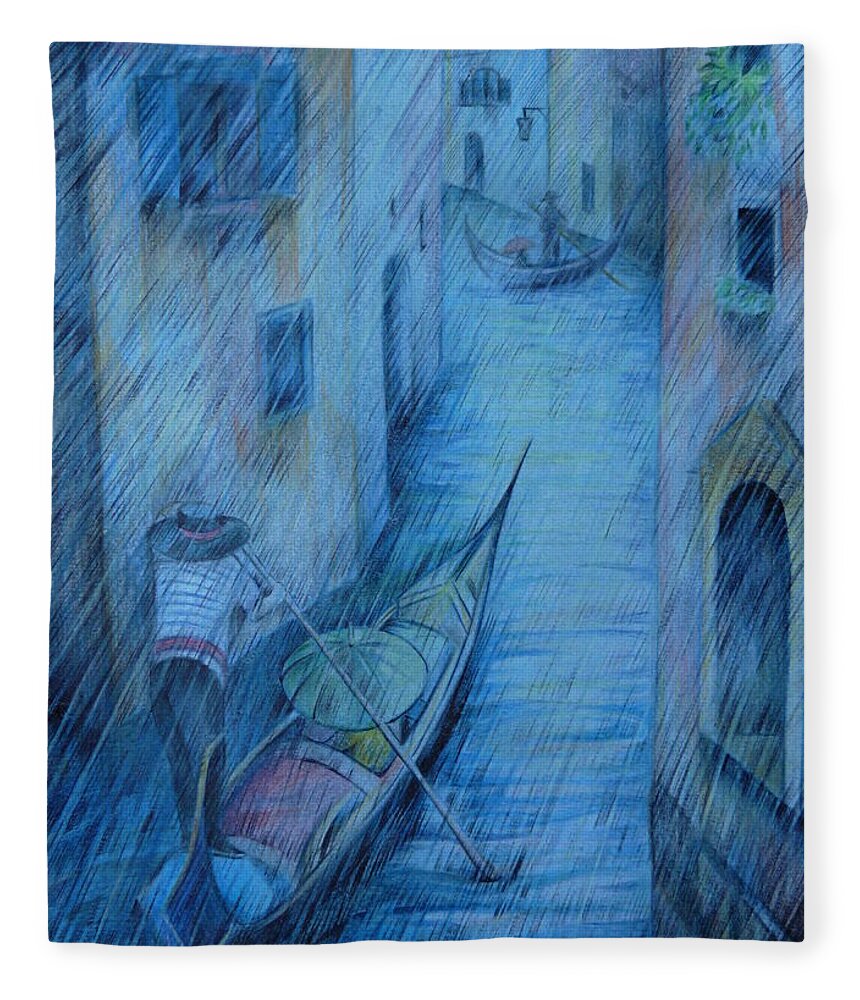 Travel Fleece Blanket featuring the drawing Blue Rain of Venice by Anna Duyunova