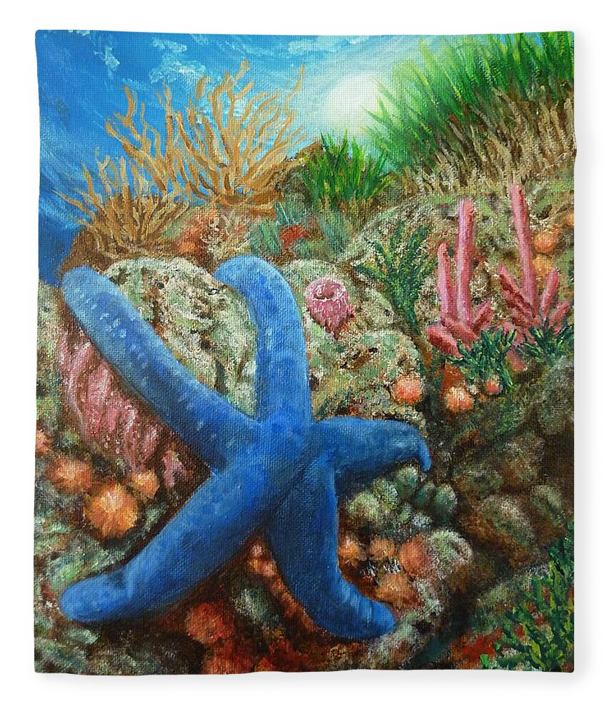 Blue Seastar Fleece Blanket featuring the painting Blue Seastar by Amelie Simmons