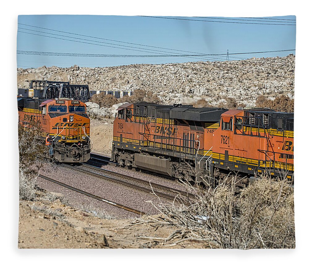 Bnsf Fleece Blanket featuring the photograph BNSF 7303 AND BNSF 7454 Meet East of Victorville by Jim Thompson