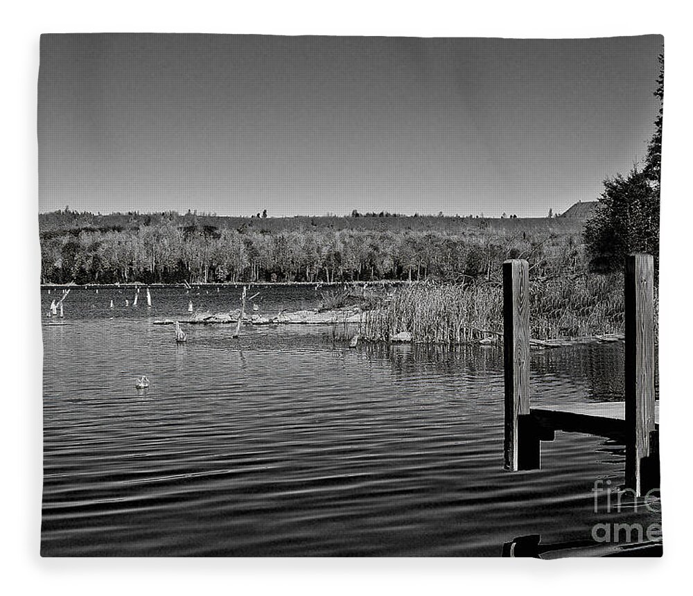 Black And White Photography Fleece Blanket featuring the photograph Boat Dock Black and White by Gwen Gibson