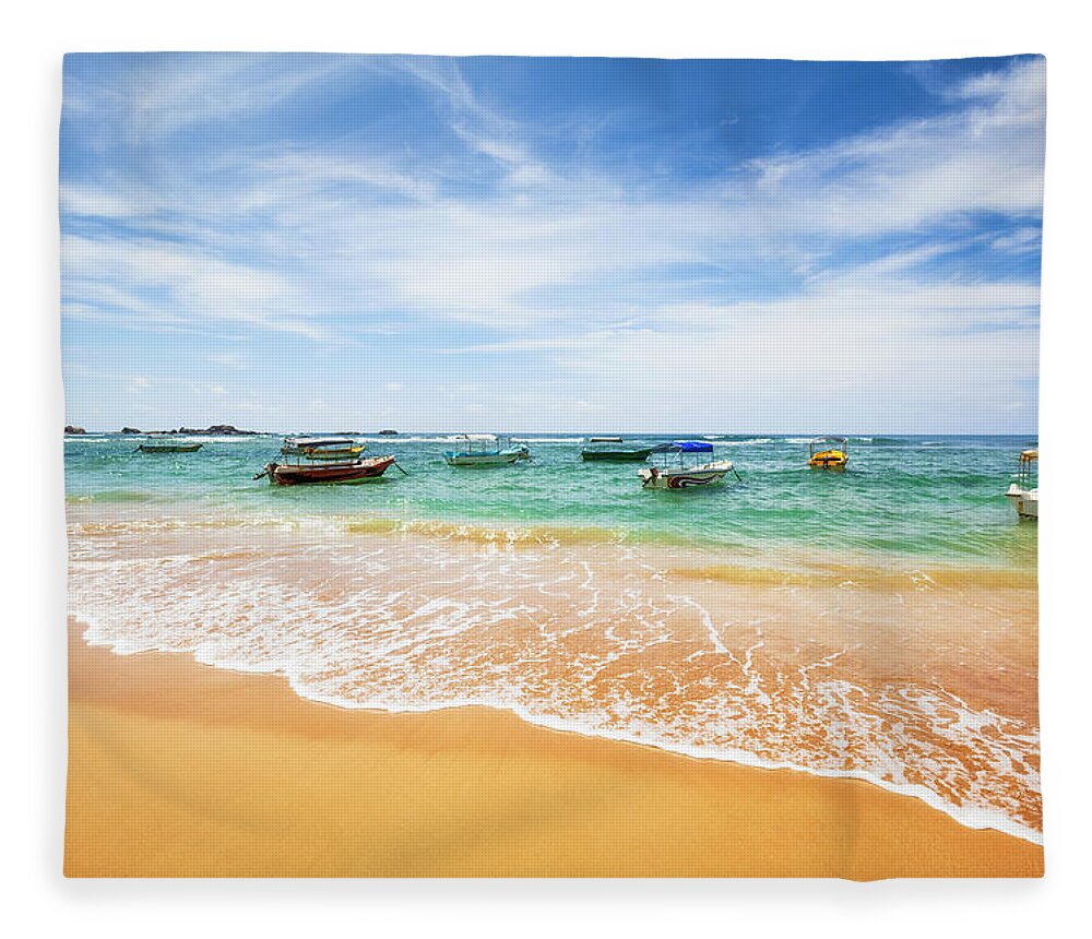 Water's Edge Fleece Blanket featuring the photograph Boats On Beach - Hikkaduwa Sri Lanka by Cinoby
