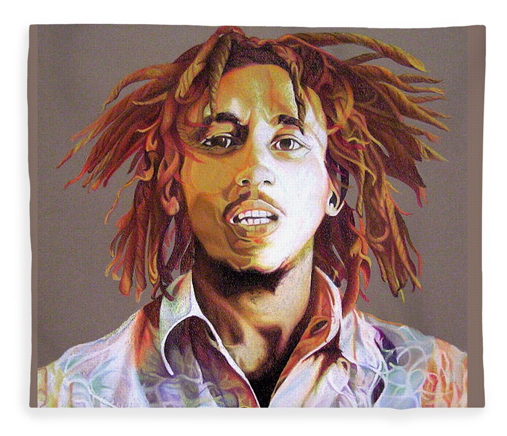 Bob Marley Fleece Blanket featuring the drawing Bob Marley Earth Tones by Joshua Morton