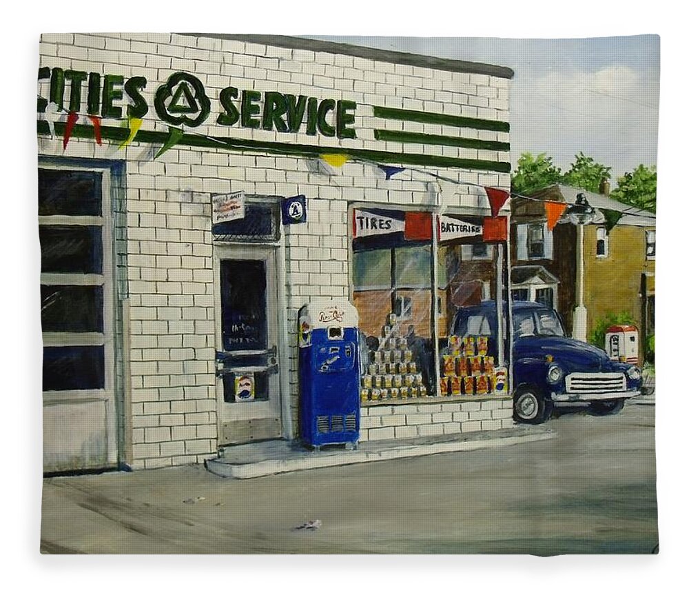 Gas Station Fleece Blanket featuring the painting Bob's by William Brody