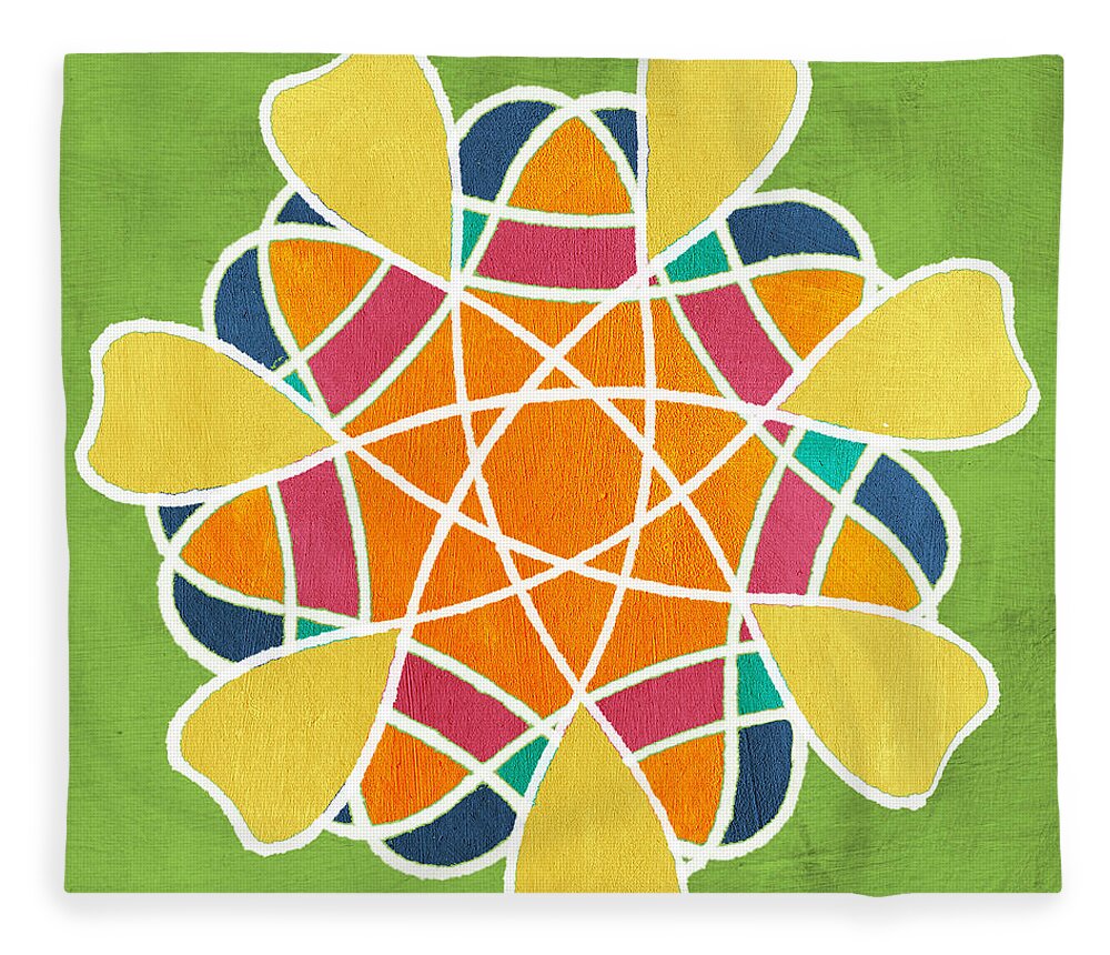 Boho Fleece Blanket featuring the painting Boho Mandala on Green by Linda Woods